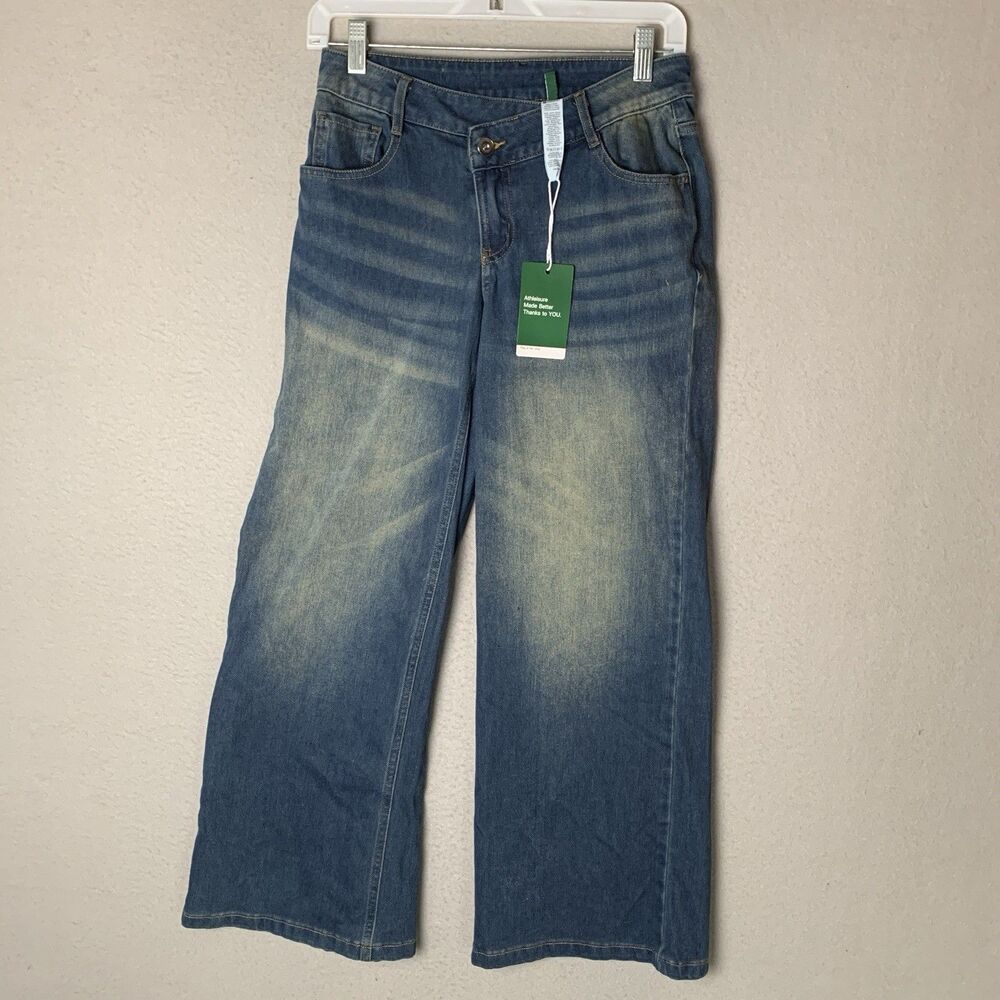 Halara Jean Women XSP Blue Flex Asymmetric Front Baggy Wide Leg Hippie Boho